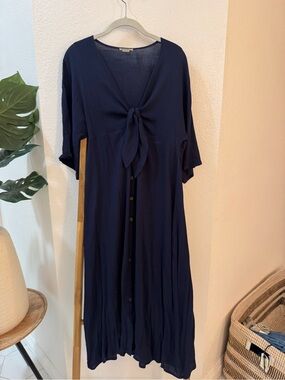 Nordstrom Navy Blue Midi Dress with Front Tie Cotton Fabric
